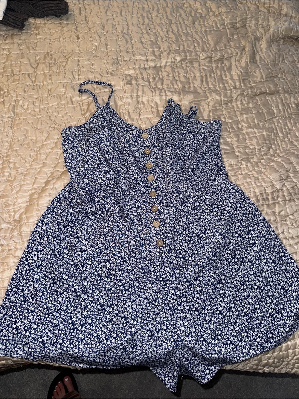 SHEIN Navy Blue Floral Button-Front Romper